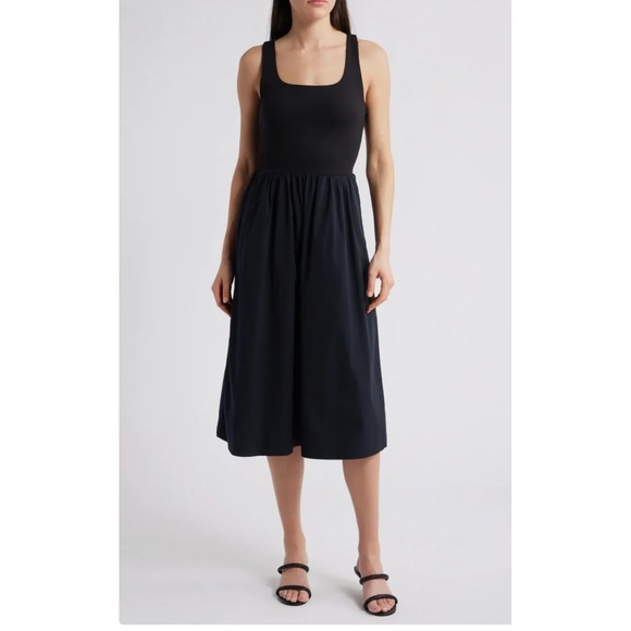 SPANX Dresses & Skirts - SPANX Black Jersey Bodice Square Neck Midi Dress Comfort Fit Size L